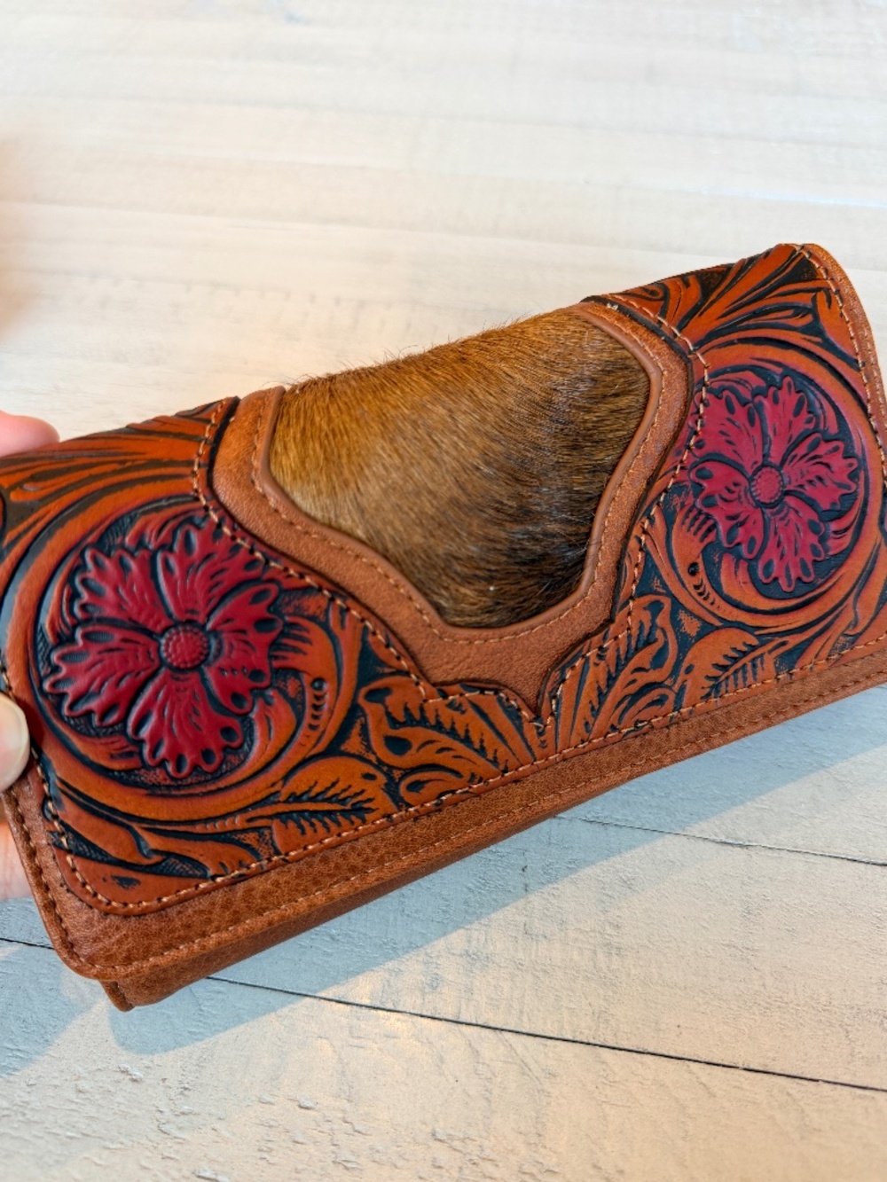 Trinity Ranch Floral Tooled and Hair-On Cowhide Collection Wallet Brown